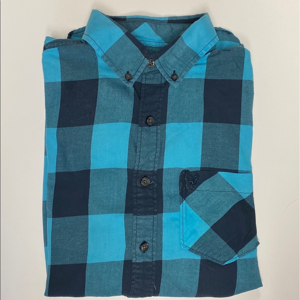 American Eagle men’s plaid button up long sleeve front pocket Y2K